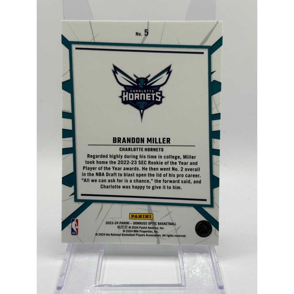 2023-24 Panini Donruss Optic Brandon Miller Rookie MY HOUSE Charlotte Hornets RC - Picture 2 of 2